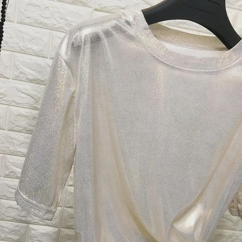 2020 Summer Shiny Silk Short-Sleeve BF T-Shirt Dress with Glitter