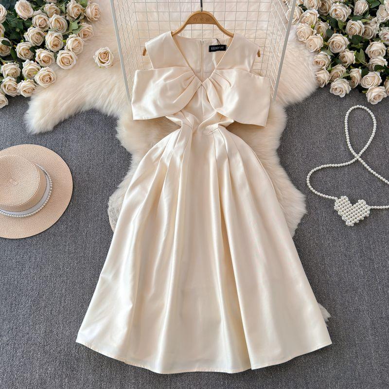 

French Minority Birthday Dress with License White off-the-Shoulder Clothes Dress Bows off-Shoulder Banquet Photo Dress Apricot S