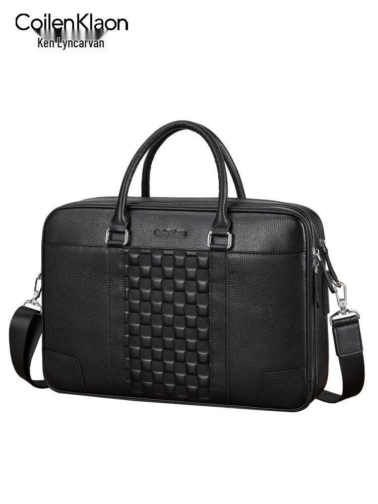 

Men s Genuine Leather Plaid Business Handbag - Large Capacity, Multi-Compartment Cowhide Horizontal Style