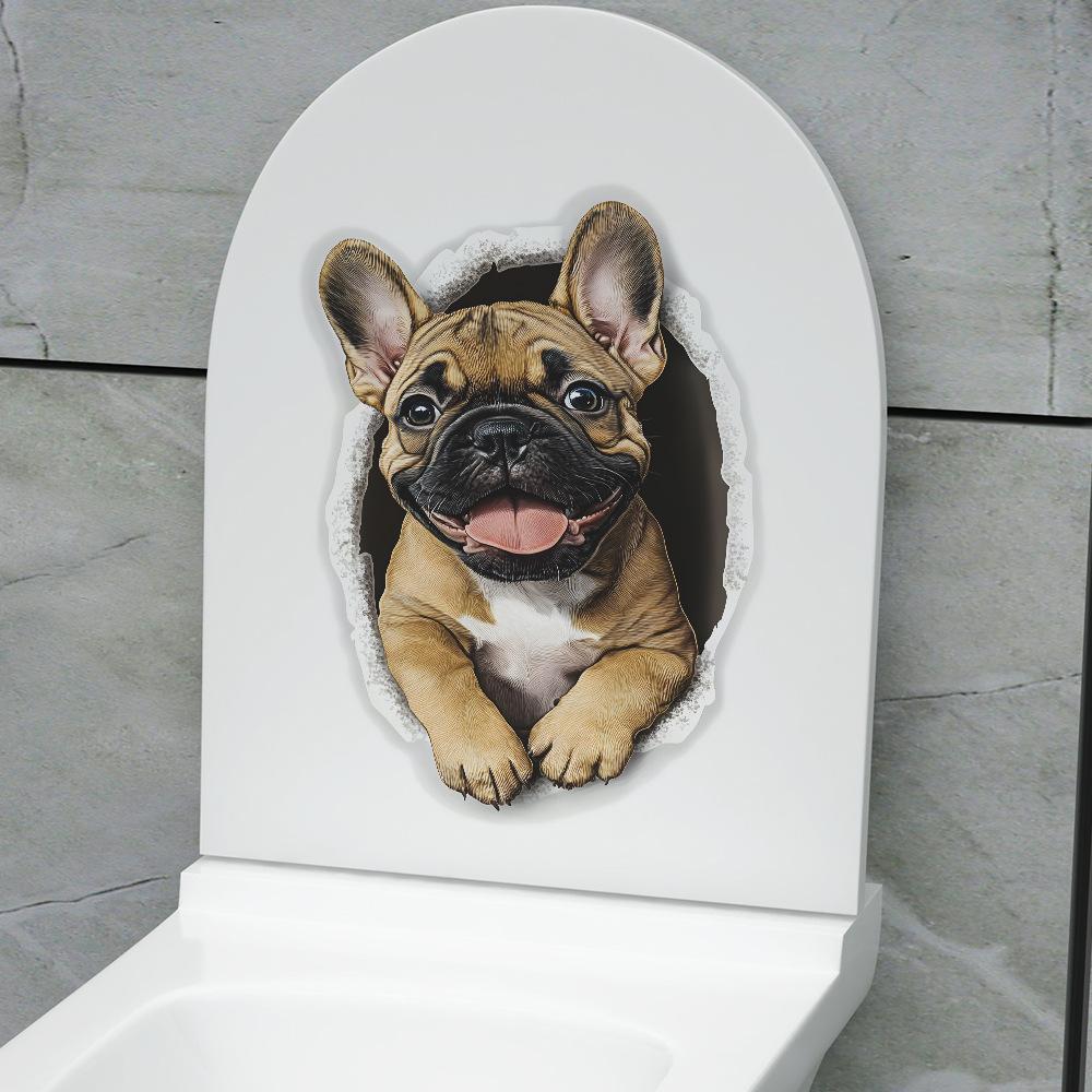 Cute French Bulldog 3D Illusion Toilet Wall Sticker Self-Adhesive Removable Bathroom Funny Home Decor Art