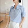 Camisa Azul de Manga Curta Feminina Verão Camisa Decote V Temperamento Profissional Vestido Formal Top Solto Manga Bolha