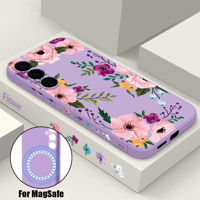 Peony Flower Case For Samsung Galaxy S25 S24 S23 S22 Ultra Plus S24 S21 FE For Magsafe Wireless Charge Magnetic Soft Phone Cover