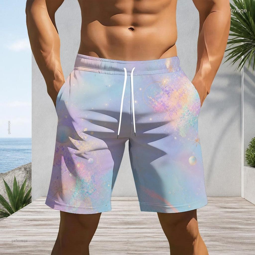 Men Plus Size Colorful Glitter Printed Beach Shorts Drawstring Waist Straight Leg With Side Pockets