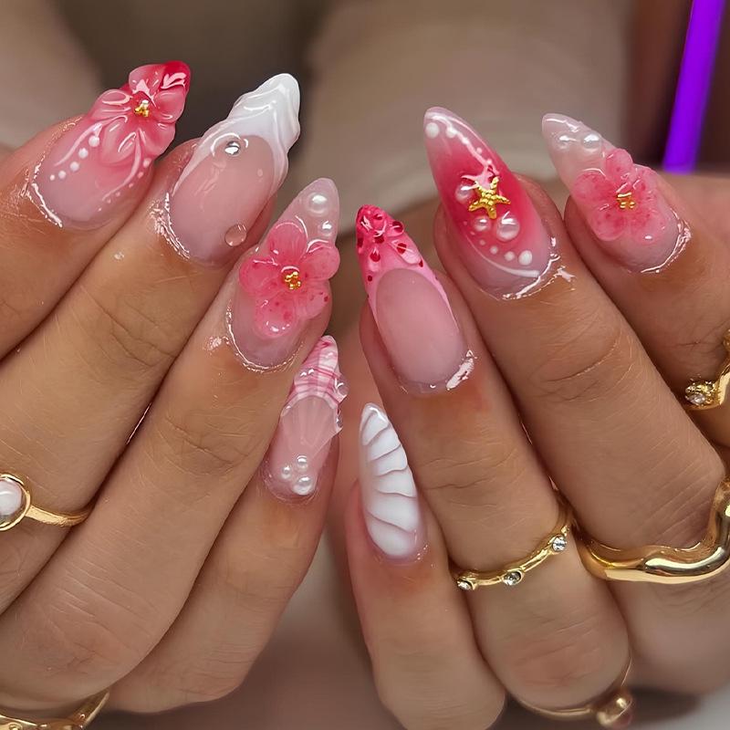 European & American Ribbed Almond-Shape Fake Nails—Pink Flowers Design, Long-Lasting