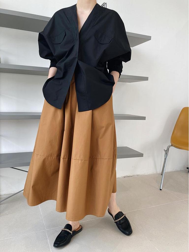 Luxi Autumn High Waist Slim Puffy A-Line Skirt with Elastic Waist and Medium Long Swing.