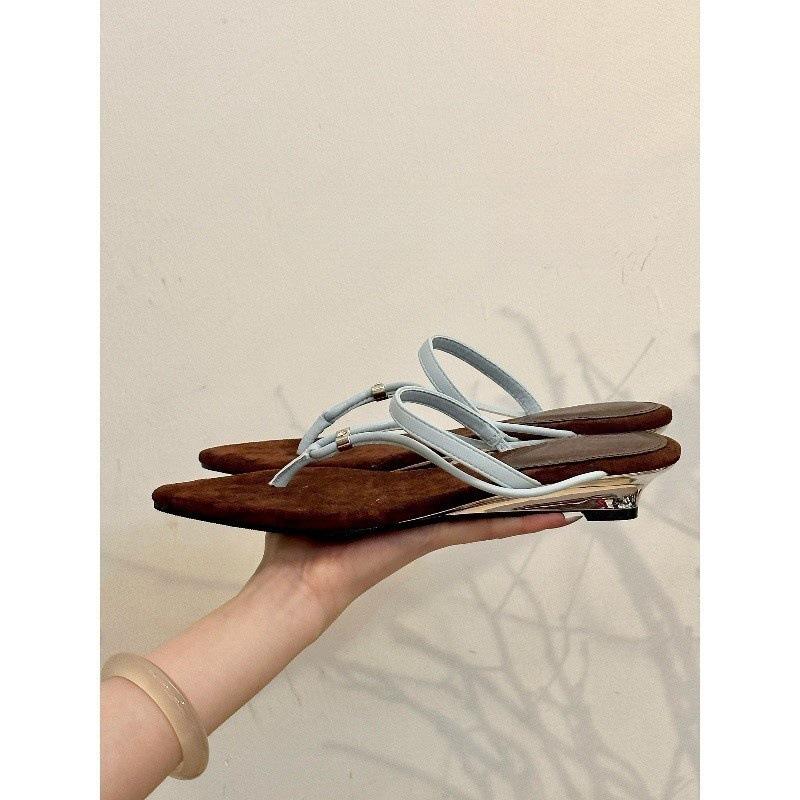 Can Luli Style! Retro Suede Pointed Toe Adjustable Slope Heel Sandals Women's Summer Word with Sandals