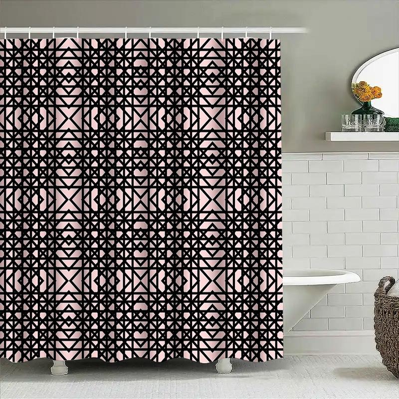 Modern Geometric Shower Curtain Fabric Waterproof Decorative Bathroom Accessories With Rod Set Black Pink (L)