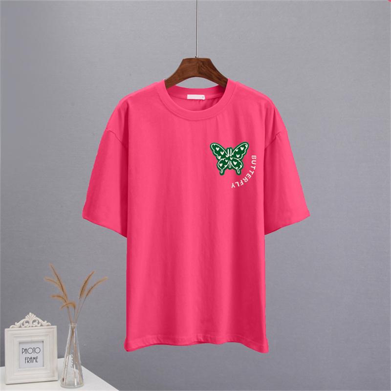 Shellsuning Sommer Baumwolle O Neck T Shirts Frauen Schöne Schmetterling Kurzarm 3D Brief Drucken Tees Lose Weiche Grundlegende Weibliche tops