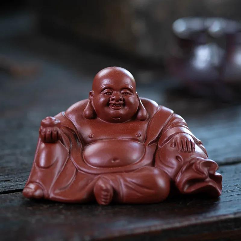Chinese Yixing Purple Clay Tea Pet Lucky Maitreya Buddha Statue Ornaments Handmade Tea Figurine Decoration Teaware Decors 9x6x5.6cm