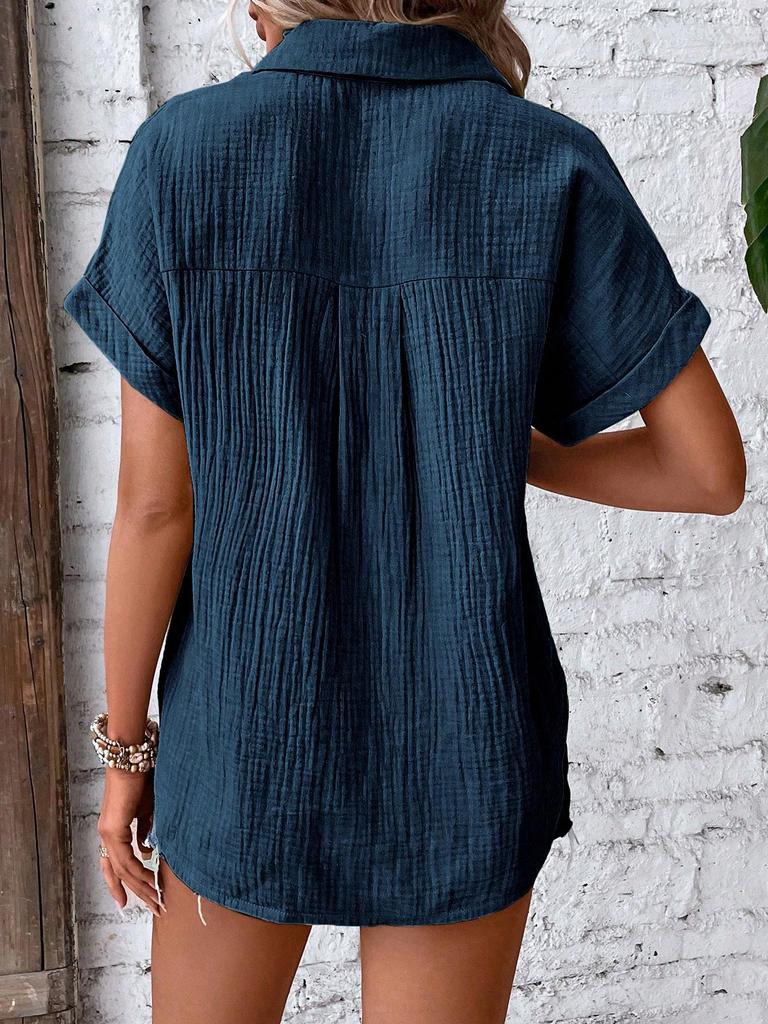 2024 Summer Women's Casual Solid Color Crinkle Fabric Batwing Sleeve Button-Down Shirt