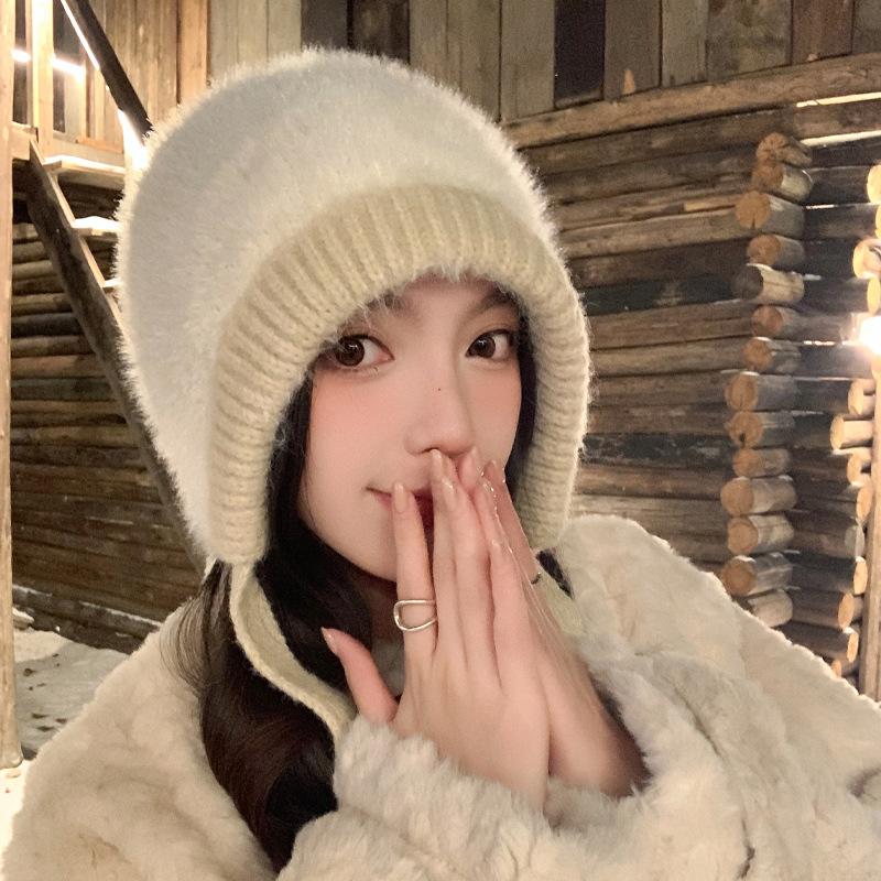 Autumn and Winter Hats for Women Windproof and Warmth Thickened Knitted Wool Hats Fashionable and Versatile Casual Big Head Ear Protection Hat