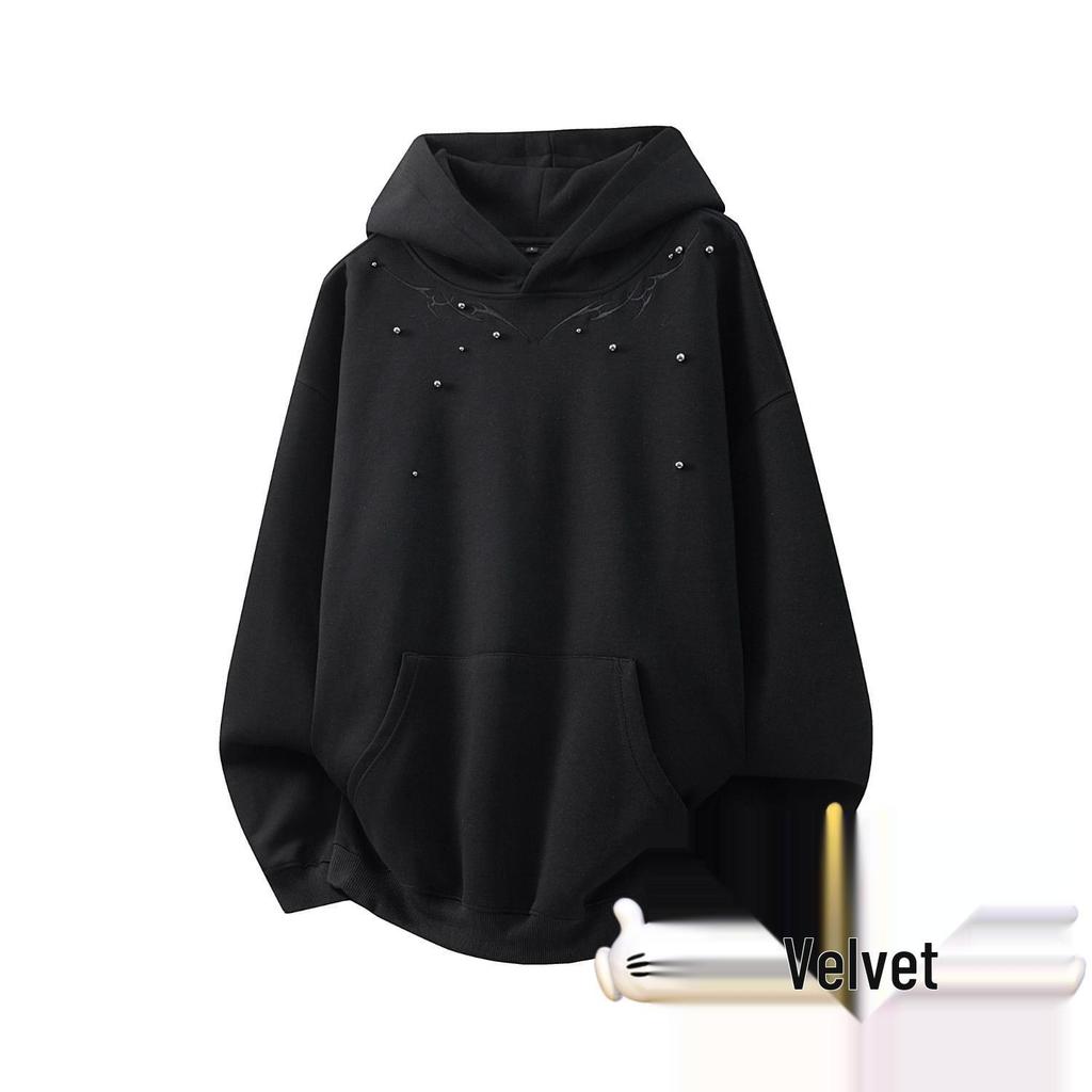 Men's Retro Beaded Embroidery Velvet Hooded Sweatshirt, Autumn/Winter Warmth