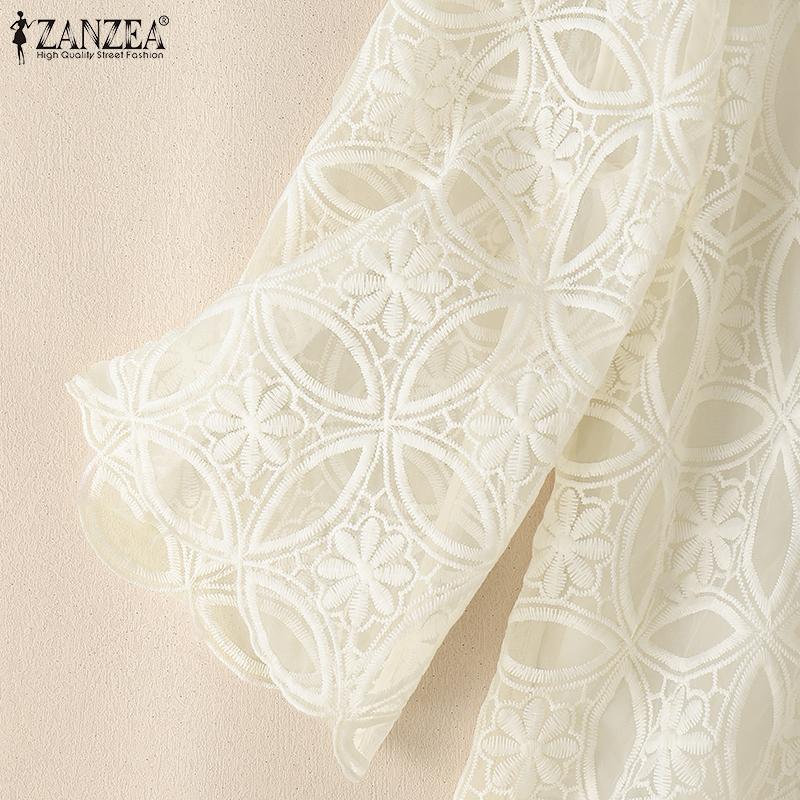 ZANZEA Women Casual Round Neck 3/4 Sleeve Loose Patchwork Lace Blouse