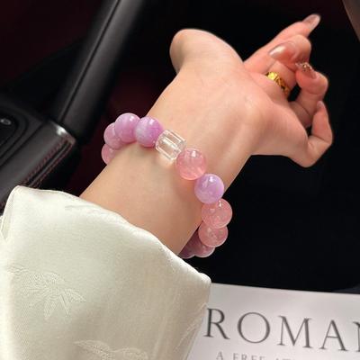 Womens Crystal Beaded Bracelet Natural Kunzite Rose Quartz White Barrel Beads Cream Sweet Style Hand Jewelry