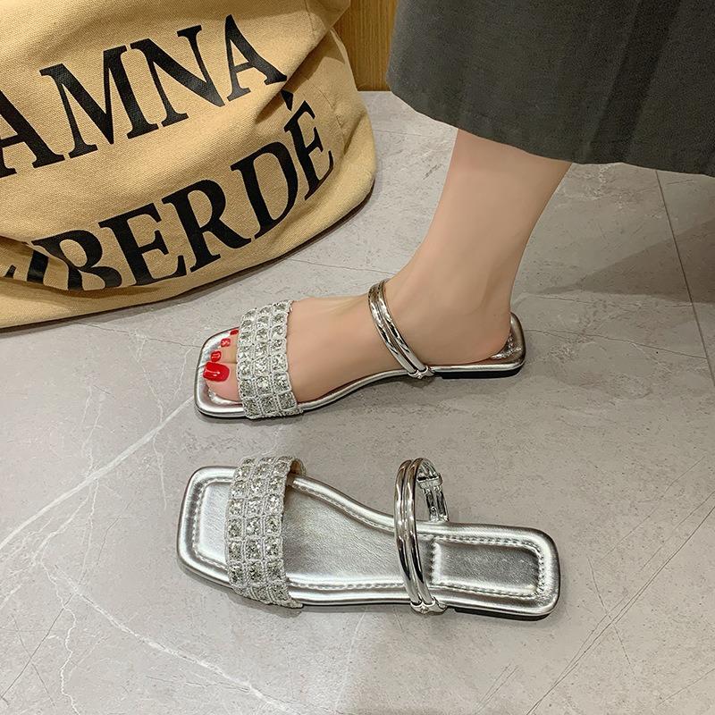 Large size flat slippers women's summer new rhinestone sequins one word belt outer wear fashion two wear sandals women