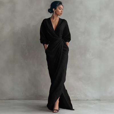 Abito Maxi da Donna Scollo a V Manica Lunga Spacco Alto Dettaglio Vita Tasche Colore Unito Casual Vacanza Abito Lungo