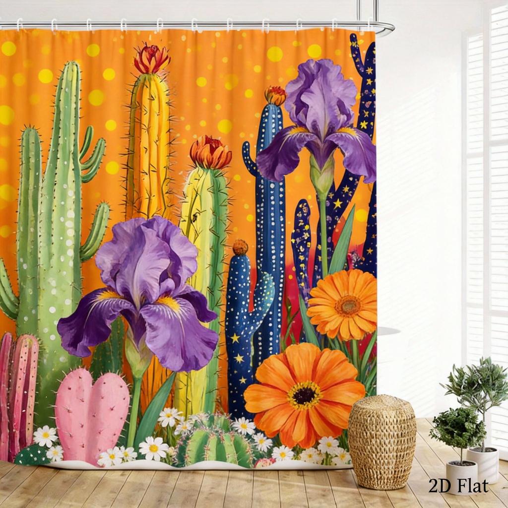 Cactus Shower Curtain 180x180cm – Whimsical Desert Garden with Blooms, Boho Southwestern Bathroom Decor, 12 Hooks