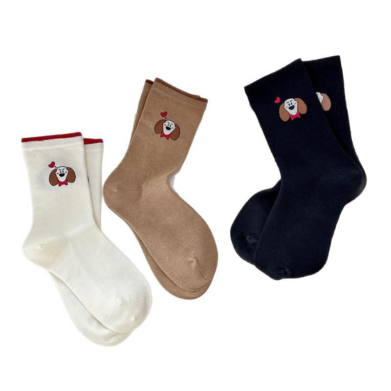 Cartoon Puppy Socks, Women's Spring and Autumn Fun Mid-calf Socks, Ribbed Color-blocking Pile Socks, Boneless