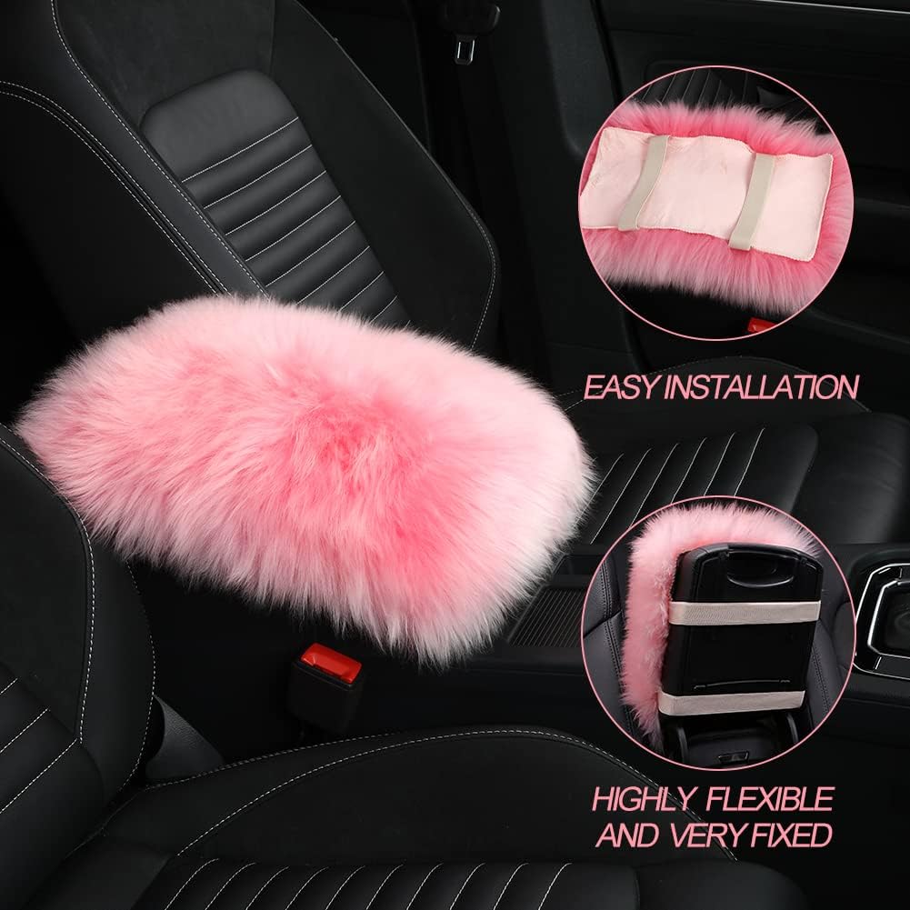 LLB Auto Center Console Cover Pad Universal Fit for SUV/Truck/Car,  Sheepskin Wool Fur Car Armrest Seat Box Cover, Furry Fluffy Auto Armrest Cover