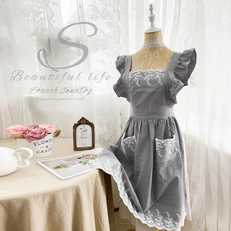 Weibliche Frauen Schürze Baumwolle Leinen Schürzen Kleid Garten Café Küche Kochen Florist Palace Stil Vintage Mode Kleid Aproning