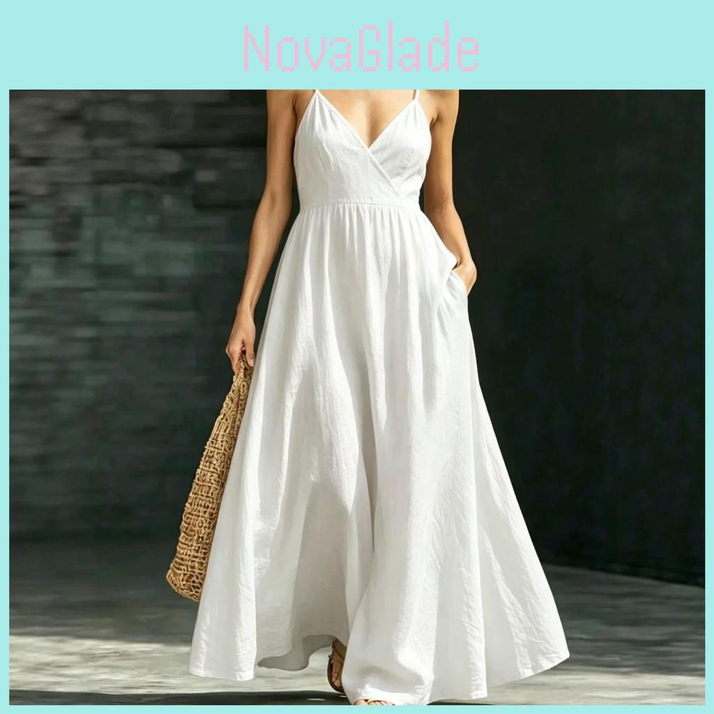 Polyester V Neck Sleeveless Dress With Pockets For Summer Casual And Beach Wear