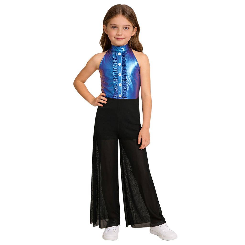 Sprankelende Metallic & Mesh Dans Jumpsuit voor Meisjes: Hoge Hals Mouwloos met Gerimpeld Bovenlijf & Wijdvallende Broek voor het Podium