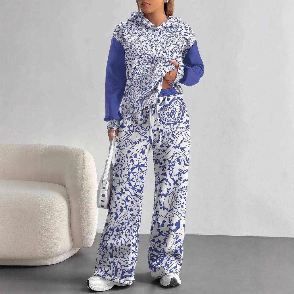 Retro Pattern Splicing European and American Autumn and Winter 1116 Casual Long-sleeved Suit Women's Hooded Sweater Trousers Cover