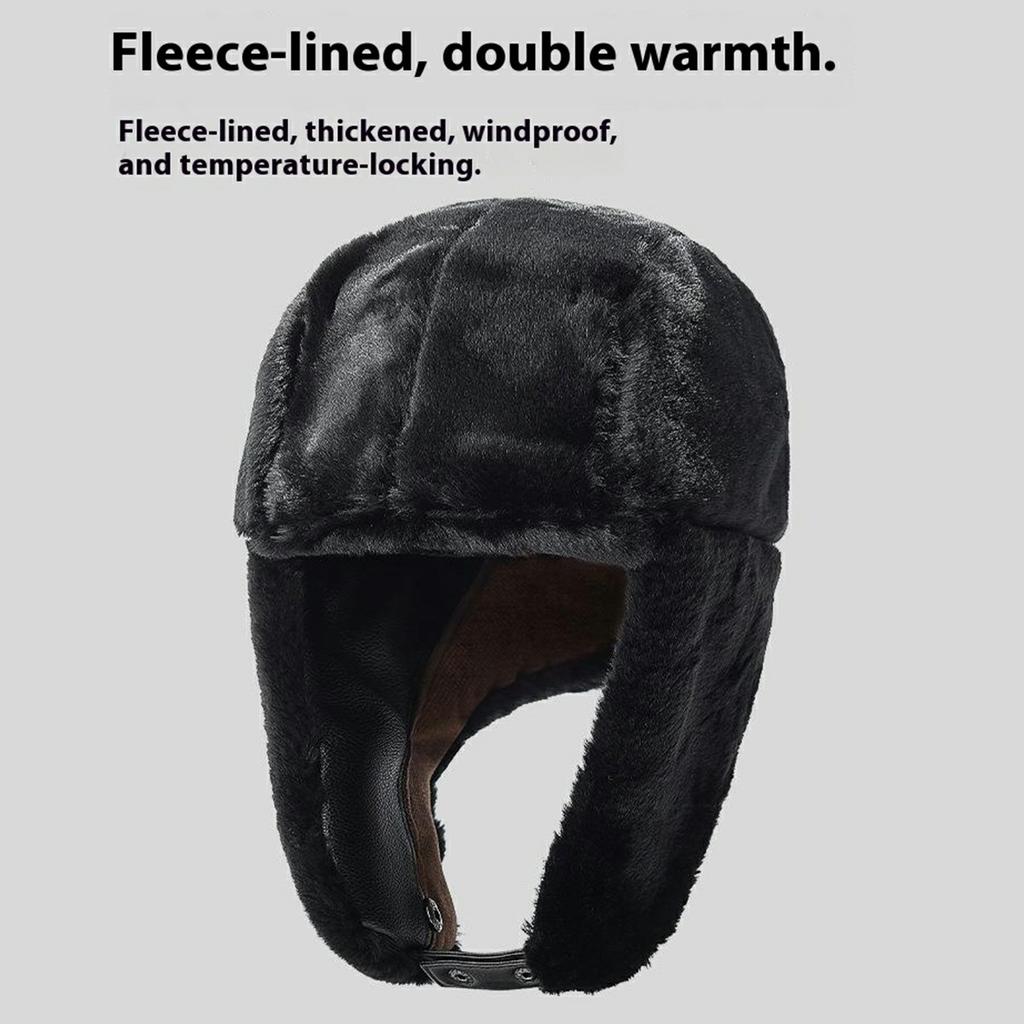 Winter PU Trapper Hat Outdoor Windproof Ski Cap Ear Flap Protection Thickened Fleece Lined Warm Hat