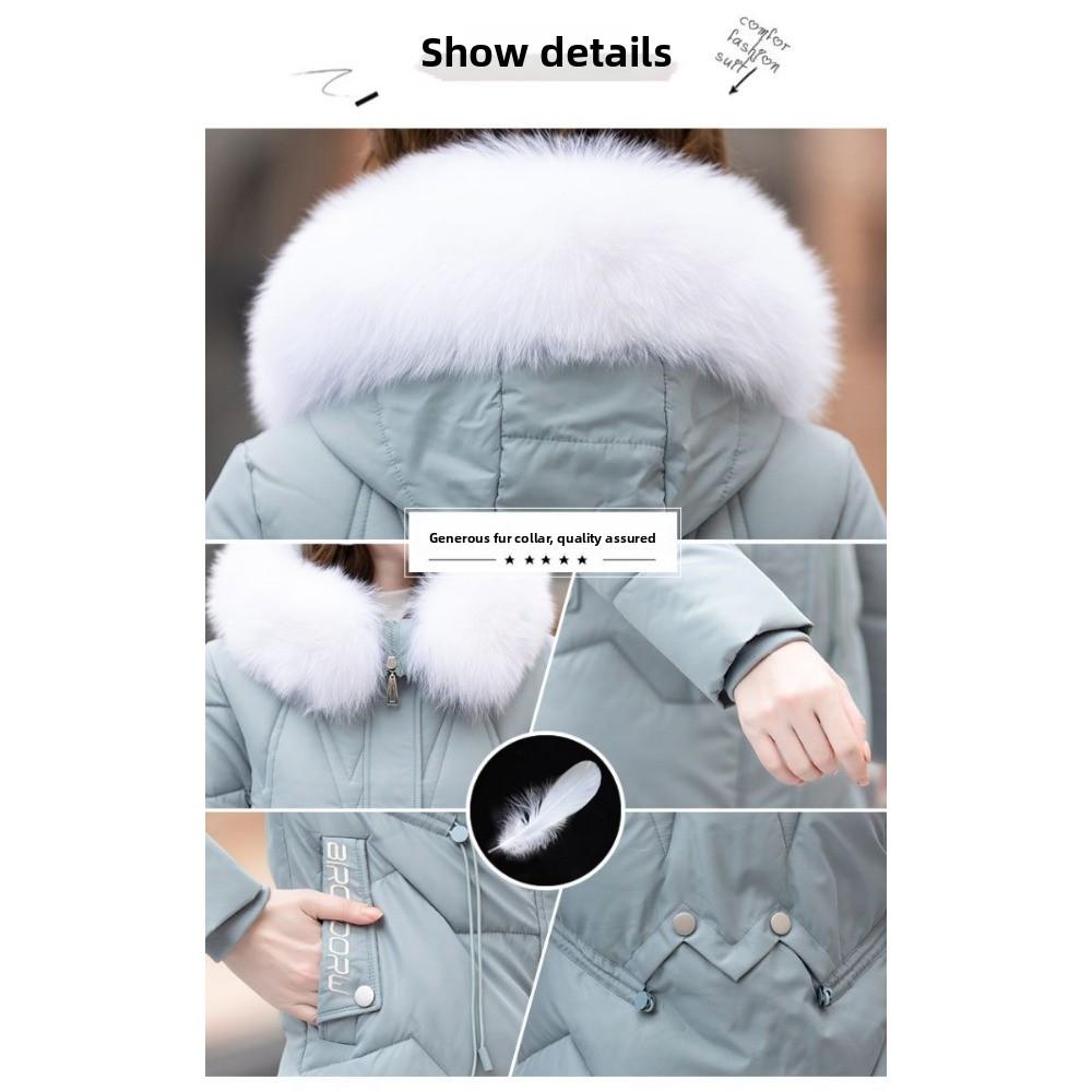 Down Jacket Women's Medium and Long New Slim-fit Fur Collar Warm Duck Down Thickened Jacket Winter