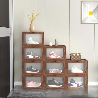Wooden Stackable Display Case Transparent Shoe Storage Box for Sneakers and Collectibles, Baskets Home Organization