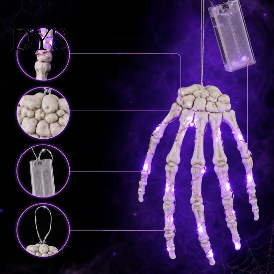 Battery Operated Party Ornaments Halloween Skeleton Hand Hanging Lights, Purple LED Light Up Claw Glowing Ghostly Lamps Lantern, Spooky Atmosphere