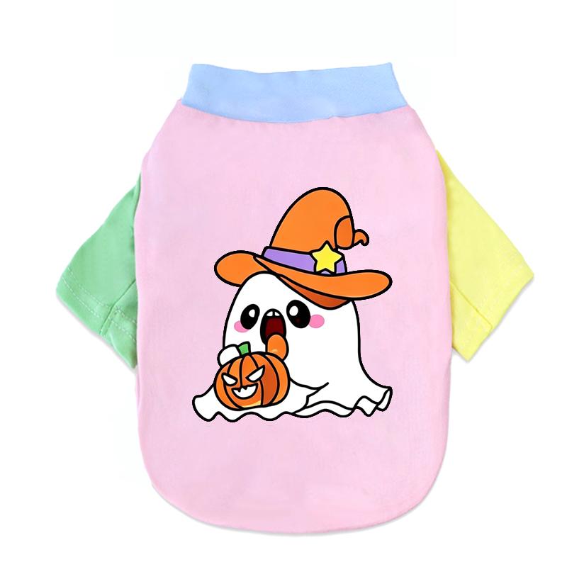 Halloween Cute Ghost Print Pet T‑Shirt Cats & Dogs Soft Cotton Clothes Outfit For Bichon French Bulldog Holiday Party Costume