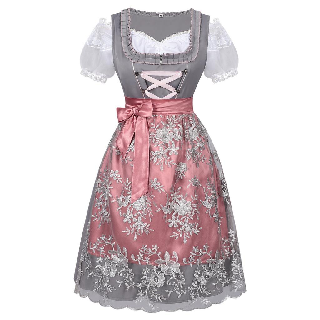 Vintage Style Women's Traditional Dirndl Dress with Lace Overlay and Ribbon Tie Waist Suitable for Oktoberfest and Themed Events