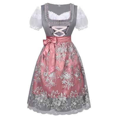 Vintage Style Women's Traditional Dirndl Dress with Lace Overlay and Ribbon Tie Waist Suitable for Oktoberfest and Themed Events