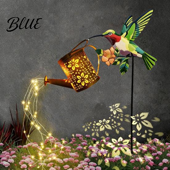 Backyard Decorative Lighting Solar Watering Can Garden Light Metal Hollow-Out Hummingbird Shepherd Hook Lights Outdoor Spike Lamp for Lawn Pathway