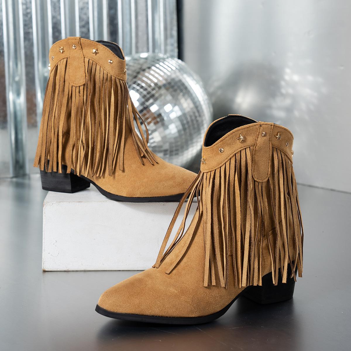 

Women s Ankle Boots Temperament Pointed Short Boots Retro Rivet Casual Short Boots Fashion Tassel Designer Boot Bottines Femmes 36 хакі