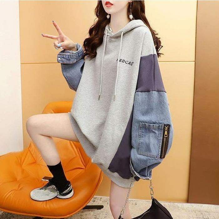 Denim-Nähte Kapuzenpullover Fake Zweiteiler Mittellang Locker sitzend Übergröße Pullover