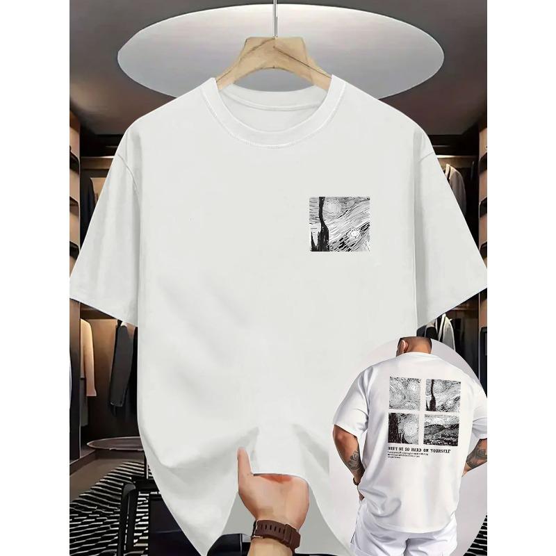 European Size Men's Summer Short Sleeve T-Shirt with Artistic Back Print - Breathable Round Neck Casual Tee, Regular Fit for Casual Attire