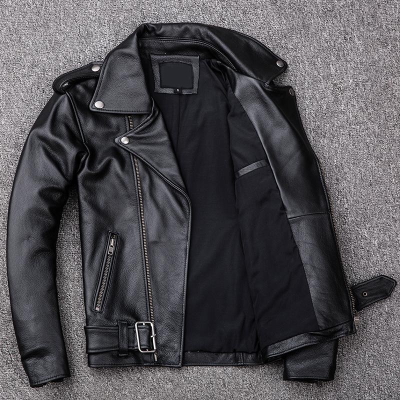 Spring Classical Motorcycle Oblique Zipper Jackets Men Leather Natural Calf Skin Thick Slim Cowhide Moto Biker Man