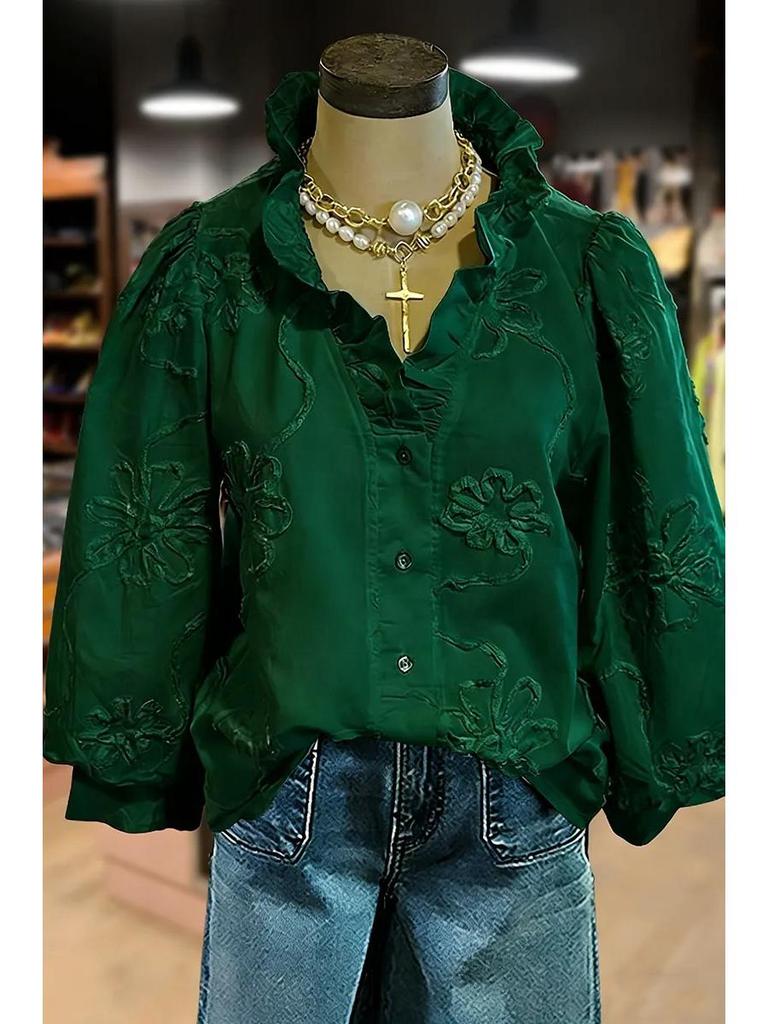 European-American V-Neck Ruffle Puff Sleeve Embroidered Women's Casual Holiday Top