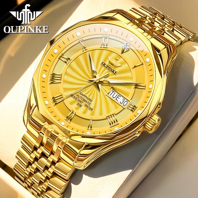 OUPINKE 3207 Automatic Watches for Men Original Import Japan Movement Real Diamond Dual Calendar Business Mechanical Wristwatch