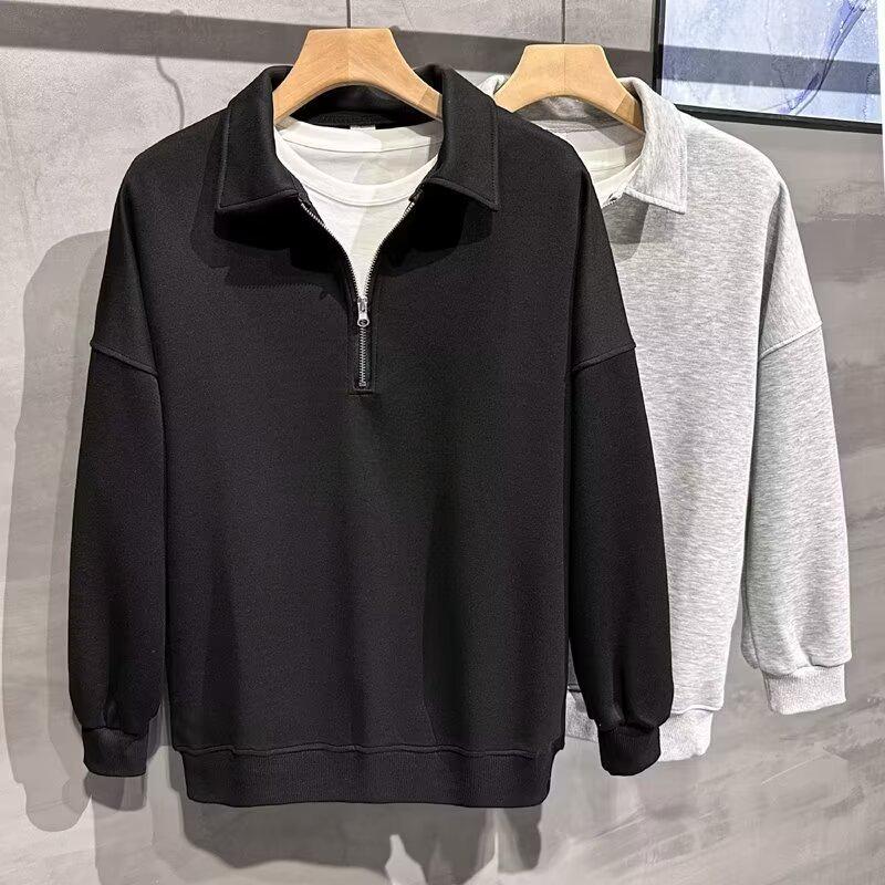 

Мужской высококачественный однотонный трикотажный свитер с полумолнией — корейский стиль, свободный крой, универсальный повседневный топ для весны и осени. L чёрный