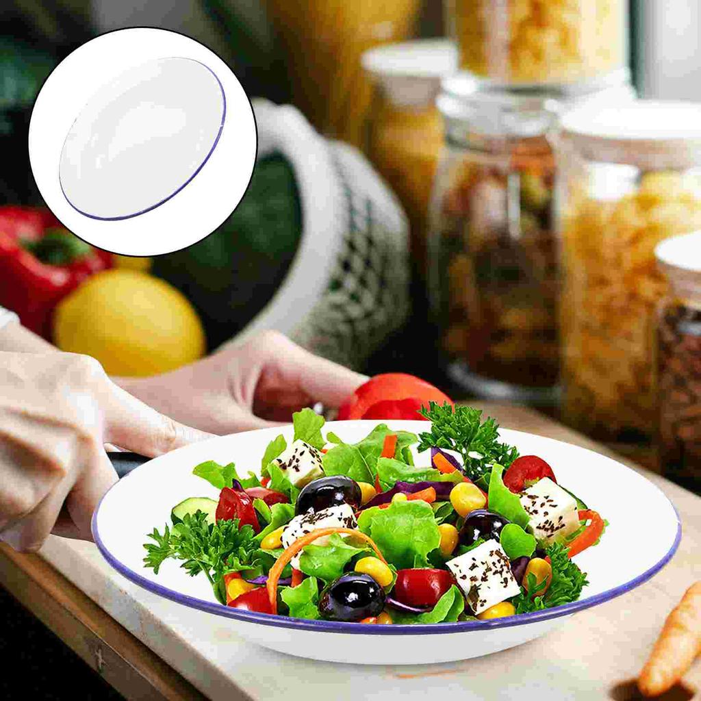 4Pcs Enamel Camping Dishes Plate Pasta Hotel Dessert Enamelware Oven Tray Unbreakable Dinner Serving Platter Tray Salad Plates