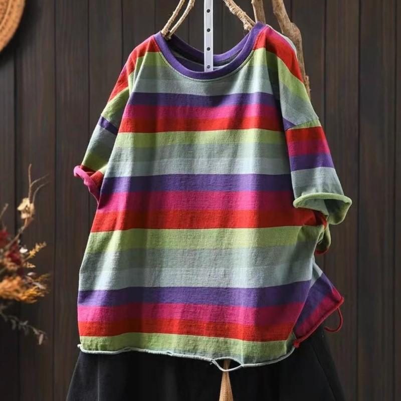Johnature Women Vintage Striped T-Shirts O-Neck Short Sleeve Summer Casual Loose Hole Female T-Shirts