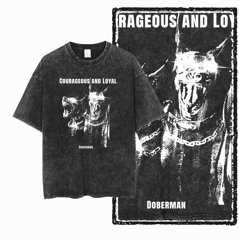 DoberUnisex Dog Vintage Graphic Printed Washed Distressed Big Size Black Cotton Unisexs Retro TShirt G