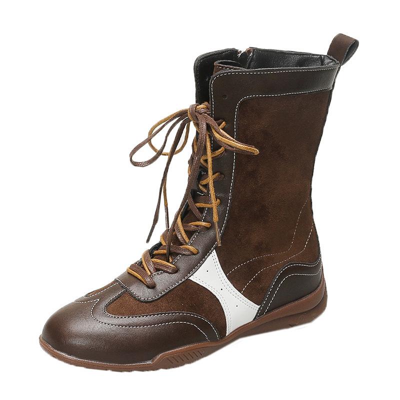Wasteland Wind Soft Leather Women's Boots 2025 Summer Boxing Boots Women's Medium Tube Thick-soled High-top Casual Tooling Martin Boots Women's Tide
