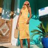 Sexy Knitted Midi Dress Women Halter Neck Summer Yellow Sleeveless Dress Backless Party Beach Casual Sundress