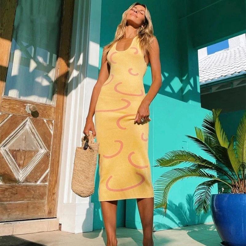 Sexy Knitted Midi Dress Women Halter Neck Summer Yellow Sleeveless Dress Backless Party Beach Casual Sundress