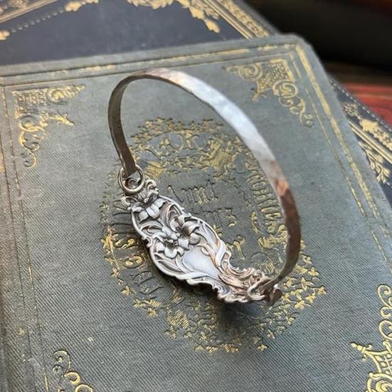 Handmade Sterling Spoon Bangle Floral Pattern Opening Bangle Boho Style Handle Cuff Jewelry Accessories
