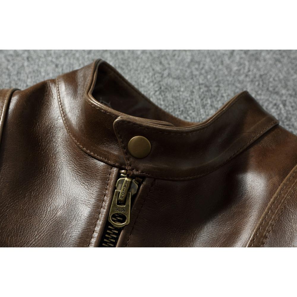 Chinese Size Style RL Top Layer Oil Waxed Cowhide Real Leather Jacket Men Stand Collar Brown Coat Men's Biker Jacket Spring Autumn